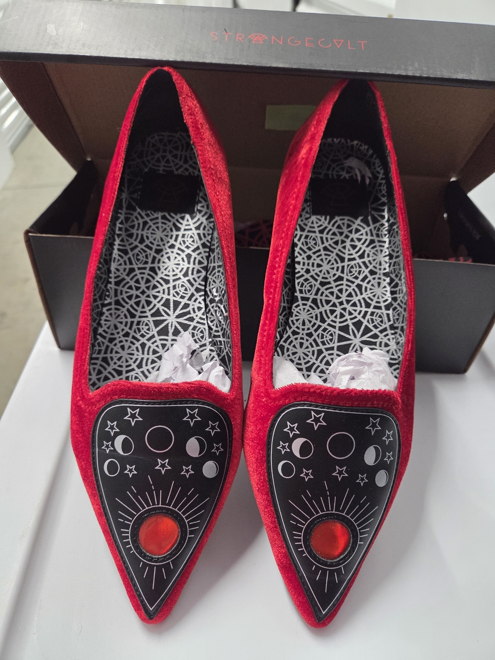 Strange Cvlt Red Velvet Pointed Flats With Planchette Applique On Front Size 11